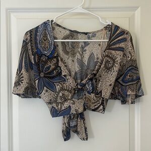 Paisley Tie-Front Top - Blue and Brown